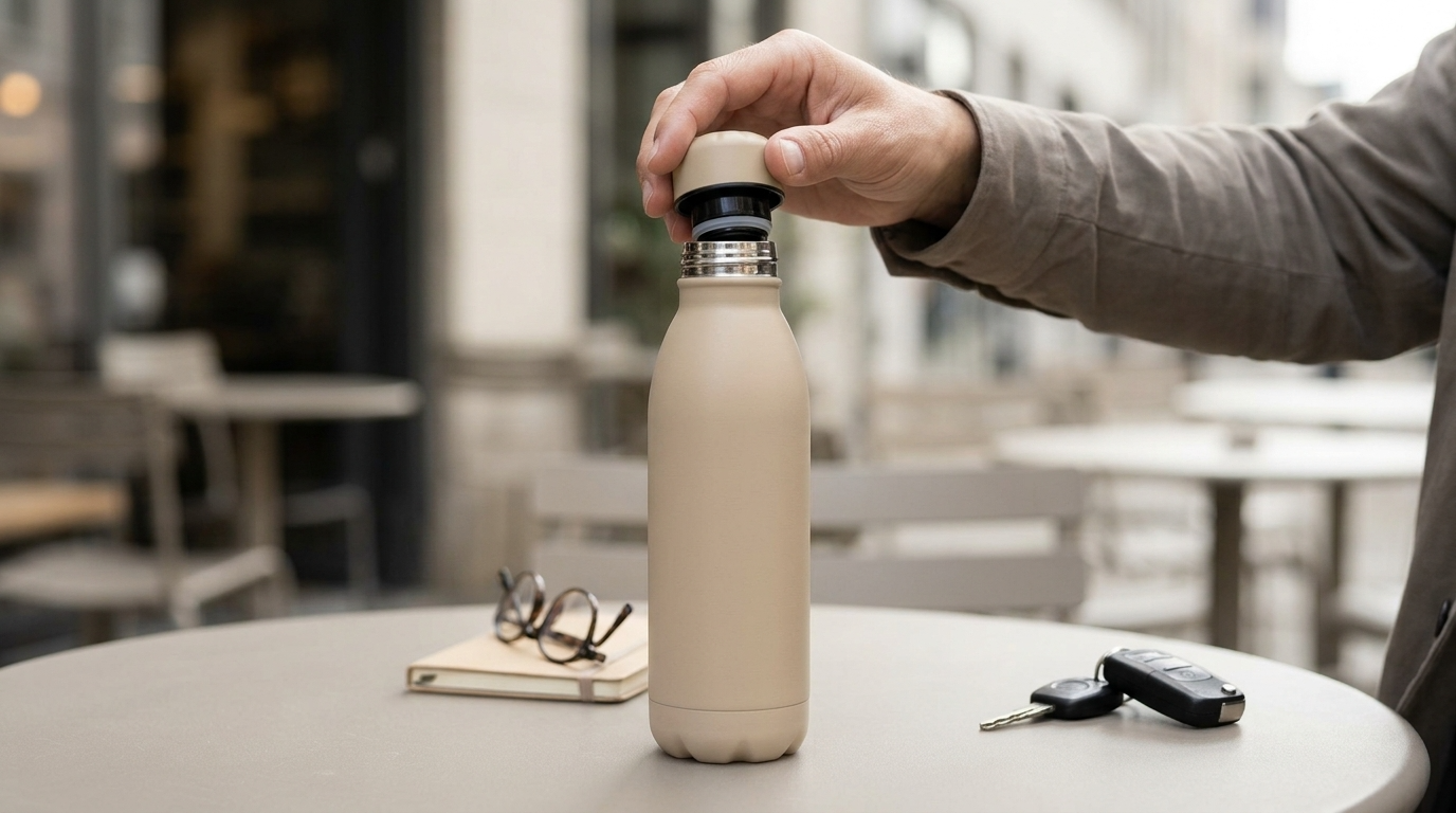 A person opening a champagne-colored water bottle on an outdoor café table